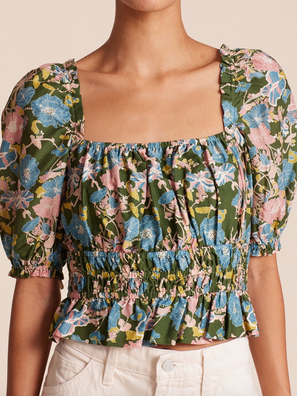 Olive Green Floral Smocked Square-Neck Crop Top with Pink & Blue Blooms